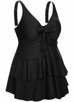 New Retro Stage [Plus Size] 1950s Solid Front Tie Ruffle Swimsuit