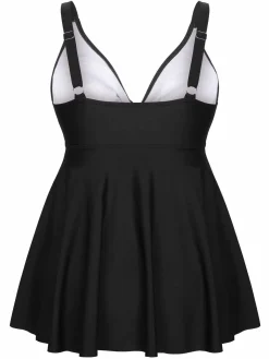 New Retro Stage [Plus Size] 1950s Solid Front Tie Ruffle Swimsuit