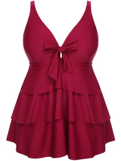 New Retro Stage [Plus Size] 1950s Solid Front Tie Ruffle Swimsuit