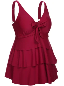 New Retro Stage [Plus Size] 1950s Solid Front Tie Ruffle Swimsuit