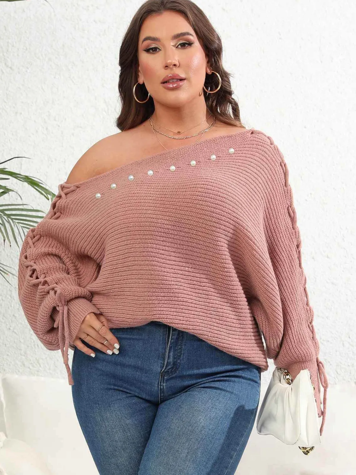 Discount Retro Stage [Plus Size] 1950s Solid Pearl Lace-Up Sleeve One Shoulder Sweater