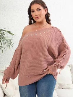 Discount Retro Stage [Plus Size] 1950s Solid Pearl Lace-Up Sleeve One Shoulder Sweater