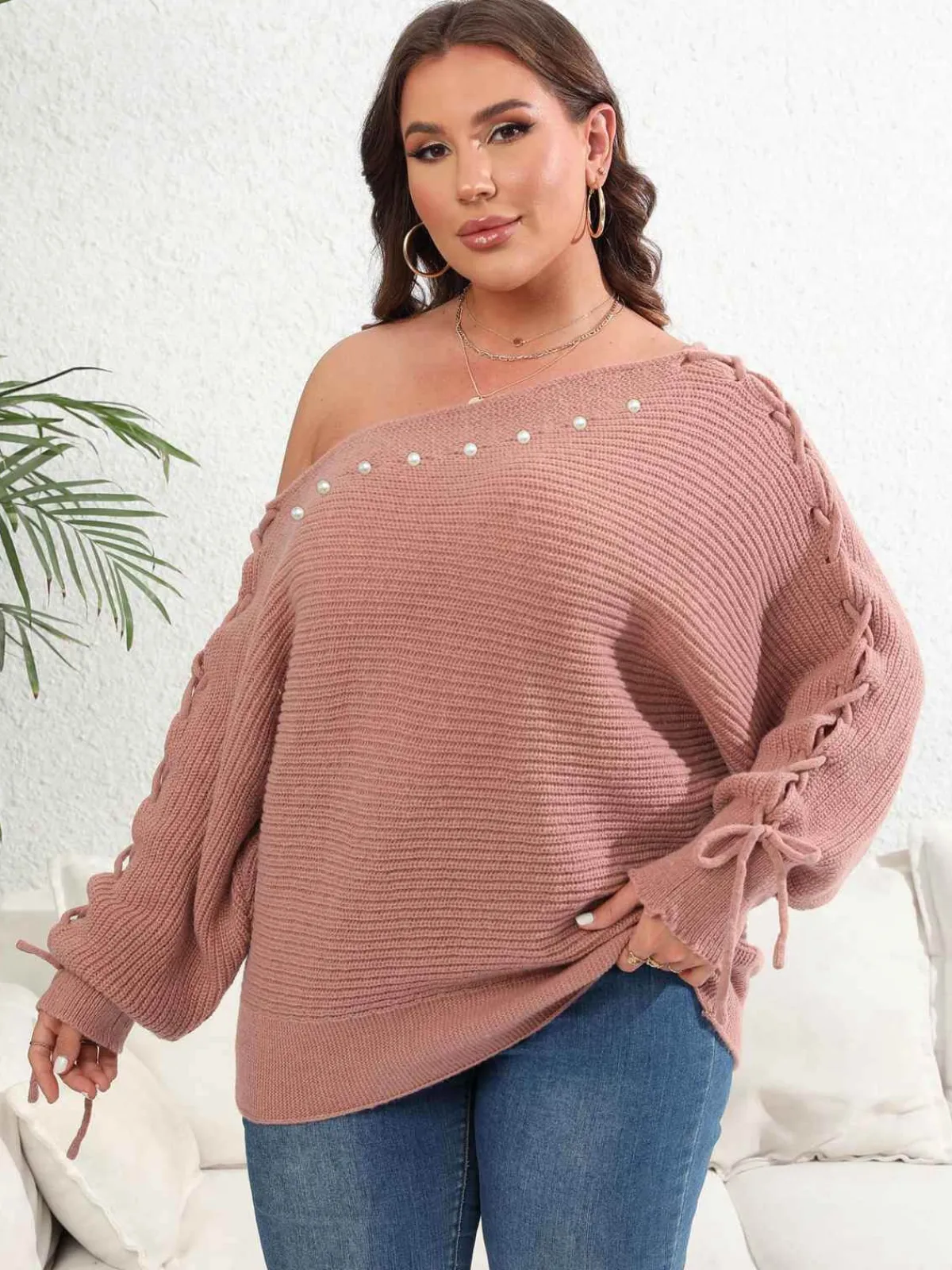 Discount Retro Stage [Plus Size] 1950s Solid Pearl Lace-Up Sleeve One Shoulder Sweater