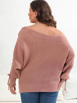 Discount Retro Stage [Plus Size] 1950s Solid Pearl Lace-Up Sleeve One Shoulder Sweater