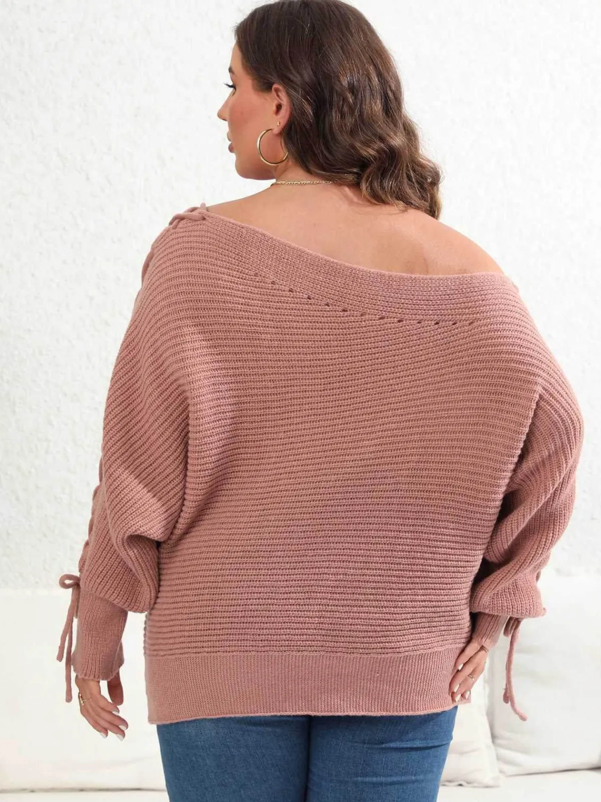 Discount Retro Stage [Plus Size] 1950s Solid Pearl Lace-Up Sleeve One Shoulder Sweater