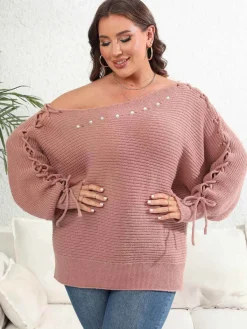 Discount Retro Stage [Plus Size] 1950s Solid Pearl Lace-Up Sleeve One Shoulder Sweater