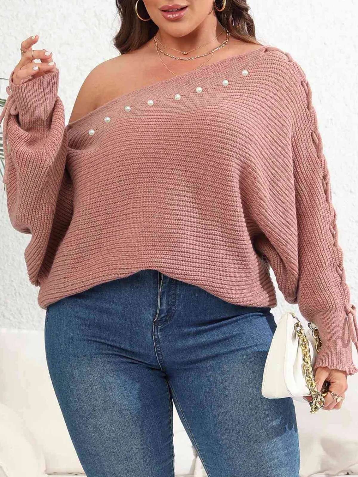 Discount Retro Stage [Plus Size] 1950s Solid Pearl Lace-Up Sleeve One Shoulder Sweater