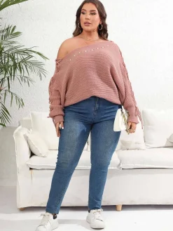 Discount Retro Stage [Plus Size] 1950s Solid Pearl Lace-Up Sleeve One Shoulder Sweater