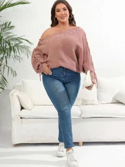 Discount Retro Stage [Plus Size] 1950s Solid Pearl Lace-Up Sleeve One Shoulder Sweater