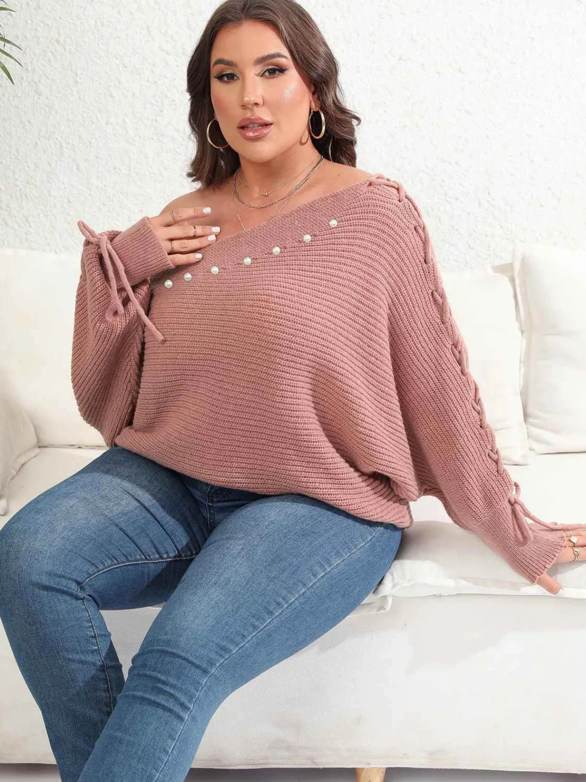 Discount Retro Stage [Plus Size] 1950s Solid Pearl Lace-Up Sleeve One Shoulder Sweater