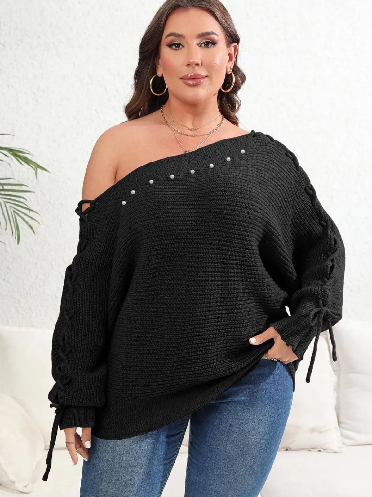 Discount Retro Stage [Plus Size] 1950s Solid Pearl Lace-Up Sleeve One Shoulder Sweater