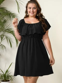 Discount Retro Stage [Plus Size] 1950s Solid Ruffle Neck Off Shoulder Dress