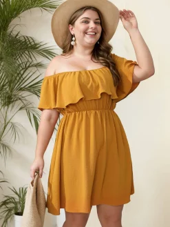 Discount Retro Stage [Plus Size] 1950s Solid Ruffle Neck Off Shoulder Dress