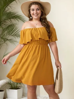 Discount Retro Stage [Plus Size] 1950s Solid Ruffle Neck Off Shoulder Dress