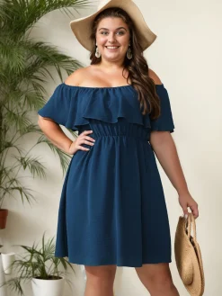 Discount Retro Stage [Plus Size] 1950s Solid Ruffle Neck Off Shoulder Dress