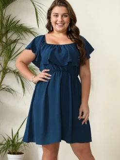 Discount Retro Stage [Plus Size] 1950s Solid Ruffle Neck Off Shoulder Dress