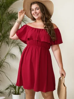 Discount Retro Stage [Plus Size] 1950s Solid Ruffle Neck Off Shoulder Dress