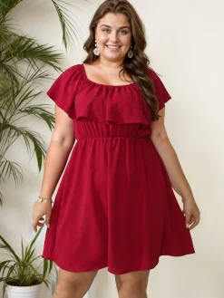 Discount Retro Stage [Plus Size] 1950s Solid Ruffle Neck Off Shoulder Dress