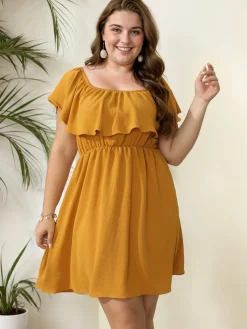 Discount Retro Stage [Plus Size] 1950s Solid Ruffle Neck Off Shoulder Dress
