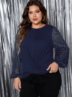 New Retro Stage [Plus Size] 1950s Solid Sequined Patchwork Top