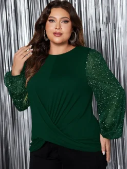 New Retro Stage [Plus Size] 1950s Solid Sequined Patchwork Top