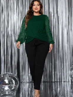 New Retro Stage [Plus Size] 1950s Solid Sequined Patchwork Top