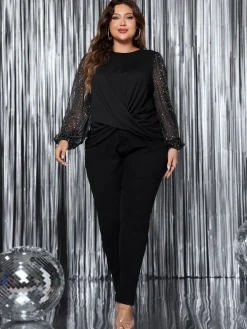 New Retro Stage [Plus Size] 1950s Solid Sequined Patchwork Top