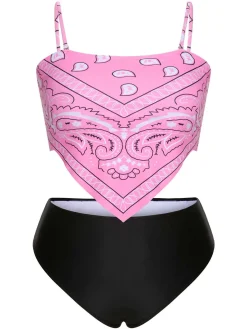 Discount Retro Stage [Plus Size] 1950s Spaghetti Strap Print Swimsuit