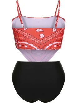 Discount Retro Stage [Plus Size] 1950s Spaghetti Strap Print Swimsuit