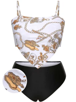 Discount Retro Stage [Plus Size] 1950s Spaghetti Strap Print Swimsuit