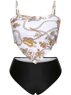 Discount Retro Stage [Plus Size] 1950s Spaghetti Strap Print Swimsuit