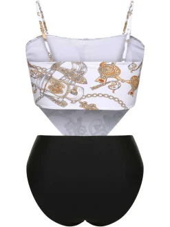 Discount Retro Stage [Plus Size] 1950s Spaghetti Strap Print Swimsuit
