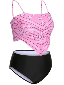 Discount Retro Stage [Plus Size] 1950s Spaghetti Strap Print Swimsuit