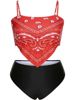 Discount Retro Stage [Plus Size] 1950s Spaghetti Strap Print Swimsuit