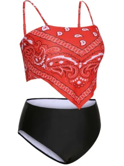 Discount Retro Stage [Plus Size] 1950s Spaghetti Strap Print Swimsuit