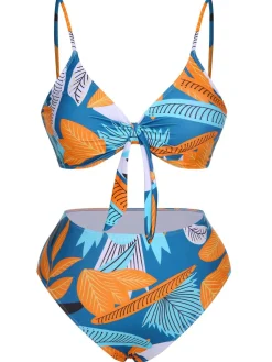 Online Retro Stage [Plus Size] 1940s Spaghetti Strap Print Swimsuit & Cover-Up