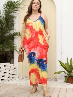 Best Retro Stage [Plus Size] 1960s Spaghetti Strap Floral Tulip Dress