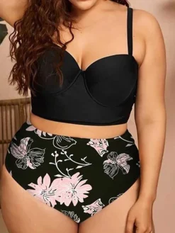 Best Retro Stage [Plus Size] 1950s Spaghetti Strap Floral Swimsuit
