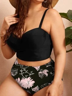 Best Retro Stage [Plus Size] 1950s Spaghetti Strap Floral Swimsuit
