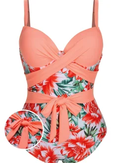 Sale Retro Stage [Plus Size] 1940s Strap Flowers One-Piece Swimsuit