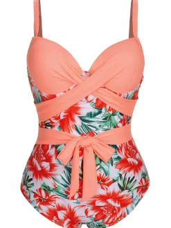 Sale Retro Stage [Plus Size] 1940s Strap Flowers One-Piece Swimsuit