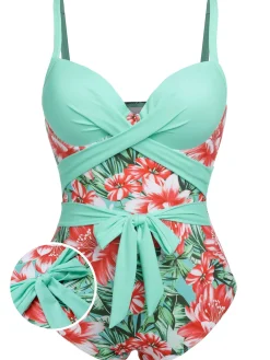 Sale Retro Stage [Plus Size] 1940s Strap Flowers One-Piece Swimsuit