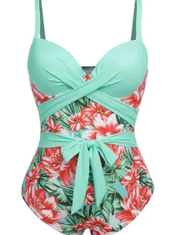 Sale Retro Stage [Plus Size] 1940s Strap Flowers One-Piece Swimsuit