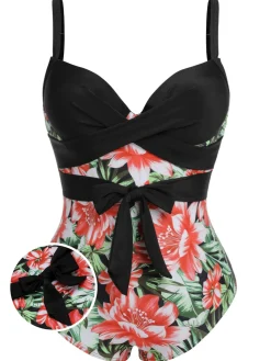 Sale Retro Stage [Plus Size] 1940s Strap Flowers One-Piece Swimsuit