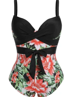 Sale Retro Stage [Plus Size] 1940s Strap Flowers One-Piece Swimsuit
