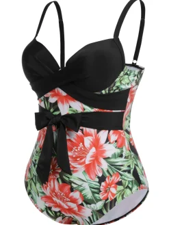 Sale Retro Stage [Plus Size] 1940s Strap Flowers One-Piece Swimsuit