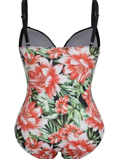 Sale Retro Stage [Plus Size] 1940s Strap Flowers One-Piece Swimsuit