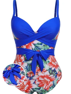Sale Retro Stage [Plus Size] 1940s Strap Flowers One-Piece Swimsuit