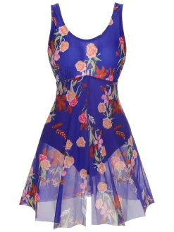 Best Retro Stage [Plus Size] 1940s Strap Print One-Piece Skirt Swimsuit
