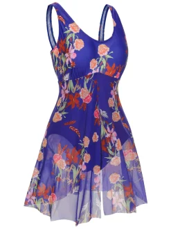 Best Retro Stage [Plus Size] 1940s Strap Print One-Piece Skirt Swimsuit